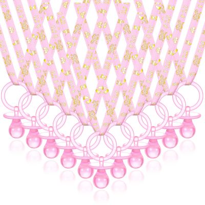 Junkin 60 Pieces Baby Shower Pacifiers Necklace Acrylic Pacifiers Necklace Charm for Baby Shower Party Favors Decorations, Women Style(Pink, Gold)