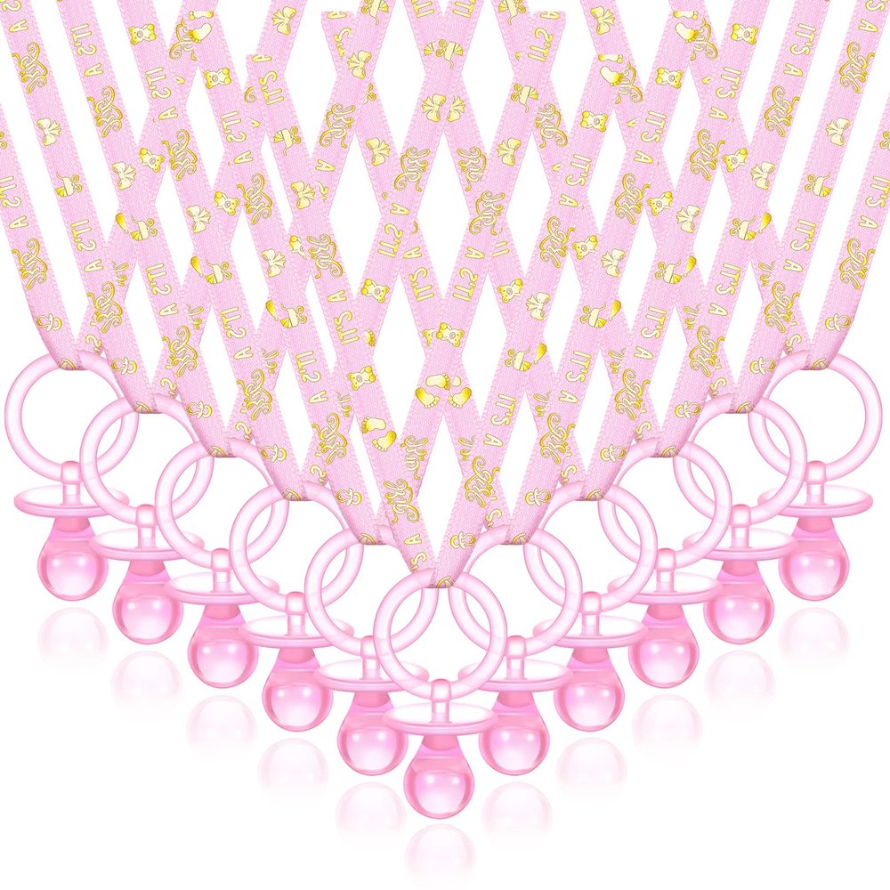 Junkin 60 Pieces Baby Shower Pacifiers Necklace Acrylic Pacifiers Necklace Charm for Baby Shower Party Favors Decorations, Women Style(Pink, Gold)