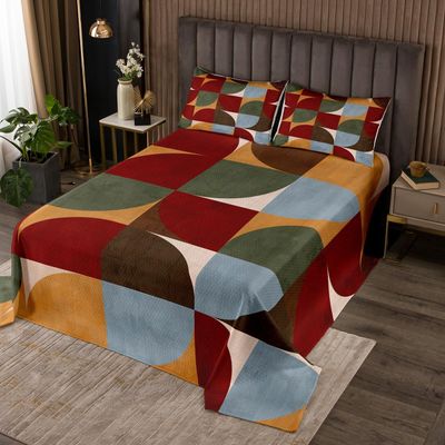 Retro Bedspread Set Queen Size for Kids,Boys Girls Colorful Grid Quilt Set Abstract Art Bedspread Coverlet Geometric Abstract Bedspread 3 Piece Decorative Bedding Quilted with 2 Pillow Shams