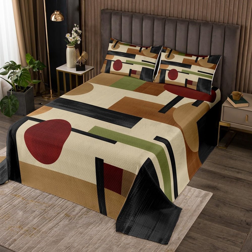 Abstract Quilt Set for Kids Teens,Red Brown Green Bedspread Coverlet,Retro Style Bed Cover Grid Square Stripe Bedding Set Decorative Quilted 2 Piece Coverlet Set with 1 Pillow Sham,Twin Size