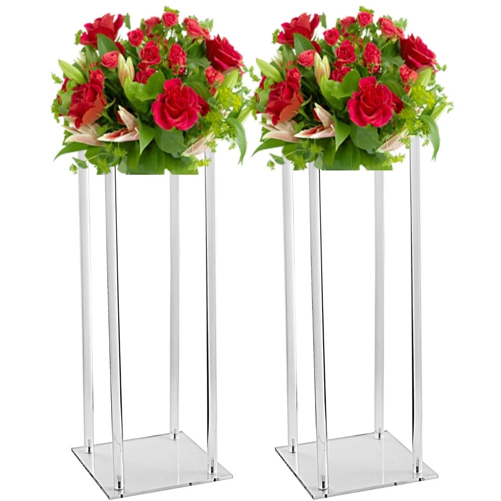 2 Pcs Acrylic Clear Vases for Wedding Centerpieces, 23.62in Tall Flower Vases, Engagement Home Party Table Decor Centerpiece Vases, Rectangular Acrylic Flower Stand with 10 Pcs Gold Napkin Rings
