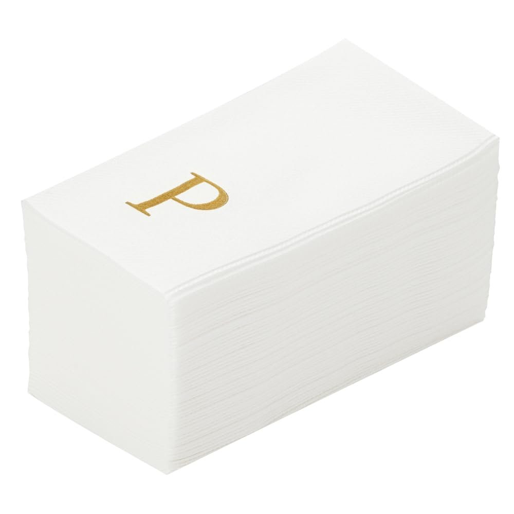 Luxenap 15.8 X 7.9 Inch Linen-Feel Guest Towels, 50 Lettered Hand Towels - Gold Letter 'P', Sans Serif Font, White Paper Dinner Napkins, airlaid, For Restrooms And Tables