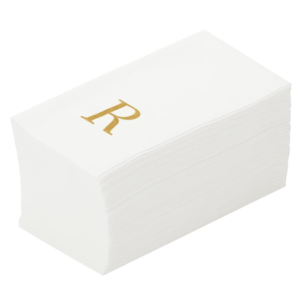 Luxenap 15.8 X 7.9 Inch Linen-Feel Guest Towels, 2000 Lettered Hand Towels - Gold Letter 'R', Sans Serif Font, White Paper Dinner Napkins, airlaid, For Restrooms And Tables