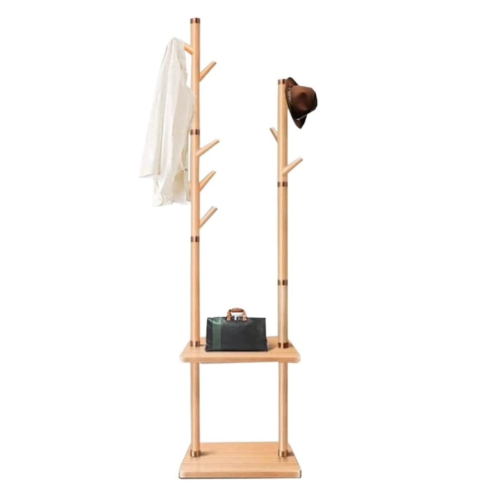 VVABRA Coat Stand Coat Rack Wooden Coat Rack Space Saving Clothing Rack Freestanding Coat Stand with Shelves and Hooks Coat Holder