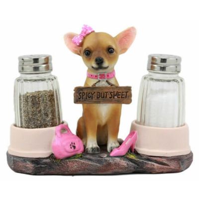 1 Set Of Hot & Spicy Pink Girl Dog Glass Salt Pepper Shakers Holder Figurine