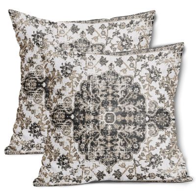 Black White Grey Ethnic Boho Throw Pillow Covers 18X18 Inches Set of 2 Bohemian Carpet Vintage Pillow Cases Black Gray Floral Rug Pillow Cover Farmhouse Home Decor For Room Couch Patio Porch Outdoor