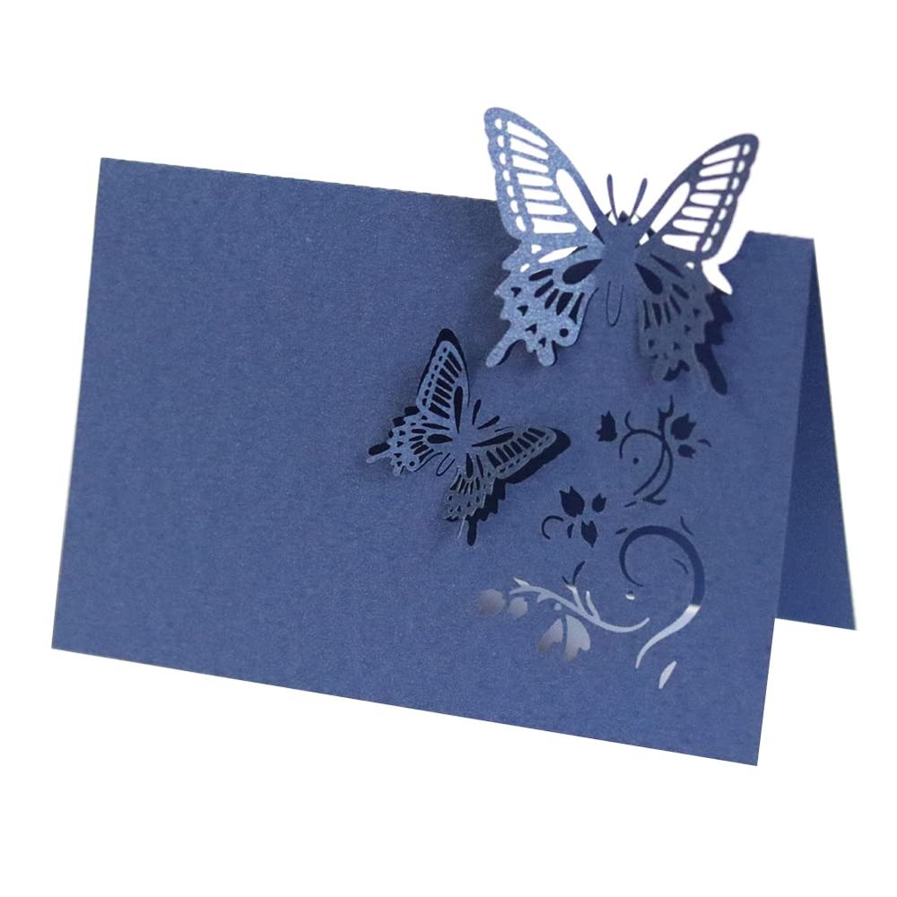 Surakey Table Cards 50PCS Place Card Name Cards Butterfly Paper Card Hollow Out Dinner Wedding Decoration Holiday Celebration Desk Setting Invitation, 4.72 x3.54x0.59inch (Dark Blue)