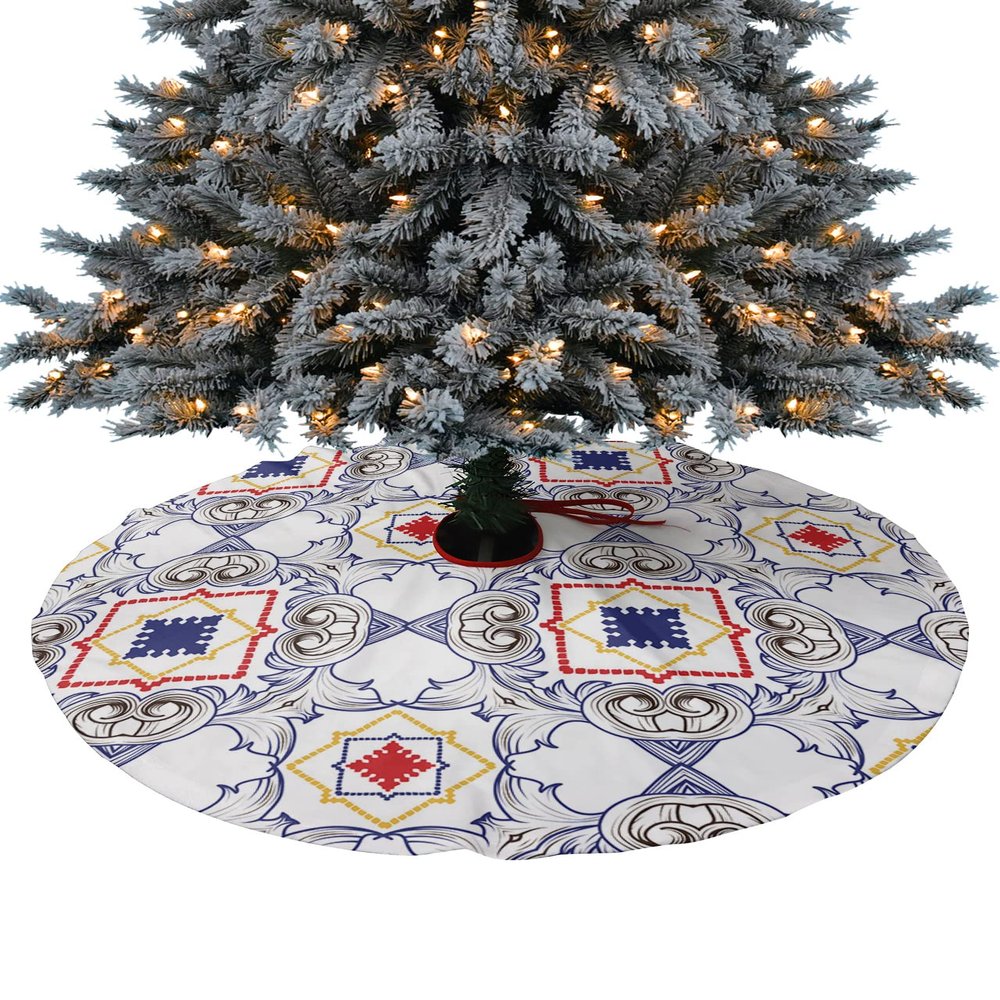 48 Inches Christmas Tree Skirt, Abstract Modern Geometric Tree Skirt for Xmas Holiday Merry Christmas Party Decorations Xmas Tree Mat Ornaments Boho Art Lines Lattice