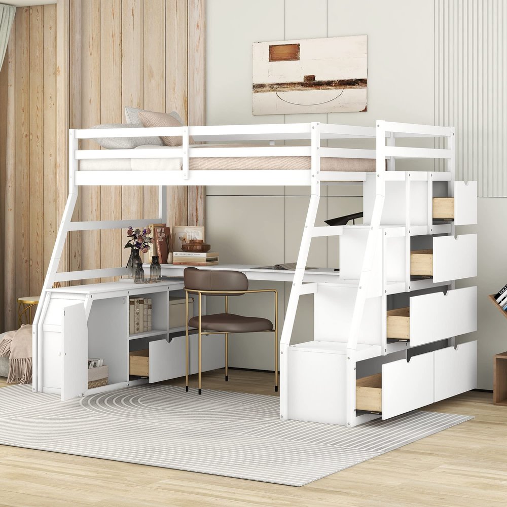 DEINPPA Loft Bed with Desk and Storage, Twin Size Loft Bed with Drawers and Stairs, Wooden Loft Bed for Kids Teens Boys Girls, Bed Desk Combo, No Box Spring Needed-White