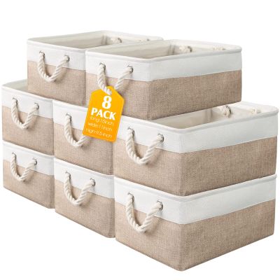 meekoo 8 Pack Collapsible Storage Bins Fabric Storage Bins Polyester Fabric Baskets with Handles Linen Closet Organizer for Shelf Home Closet Towels Toys(15 x 11 x 9.5 in,Beige)