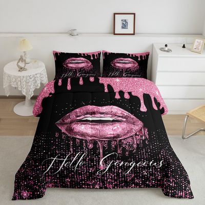 Manfei Lips Comforter Set Twin Size, Rose Glitter Bedding Set 2pcs for Girls Women Bedroom Decor, Pink Twinkling Sparkling Mouth Quilt Set Soft Polyester Duvet Set with 1 Pillowcase