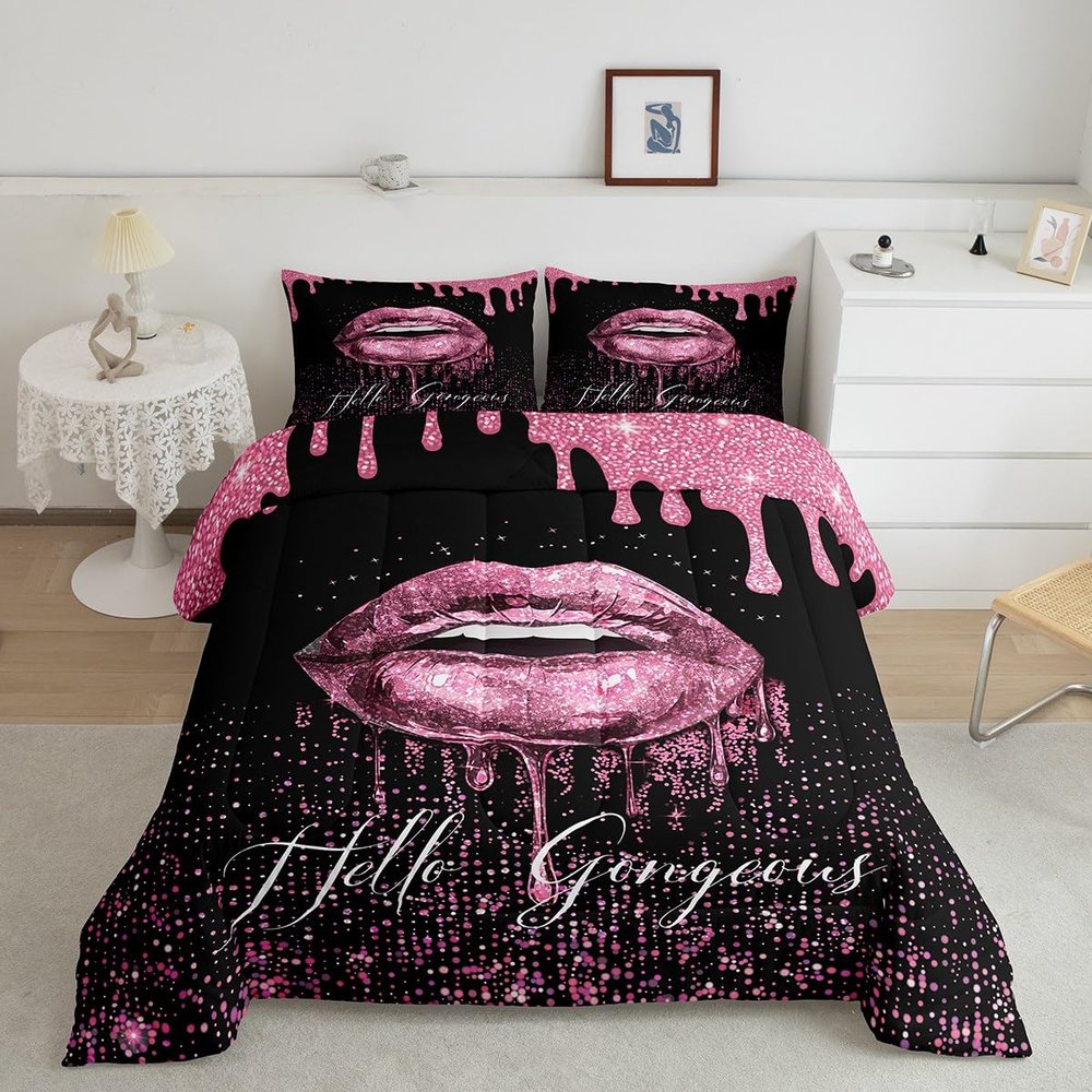 Manfei Lips Comforter Set Twin Size, Rose Glitter Bedding Set 2pcs for Girls Women Bedroom Decor, Pink Twinkling Sparkling Mouth Quilt Set Soft Polyester Duvet Set with 1 Pillowcase