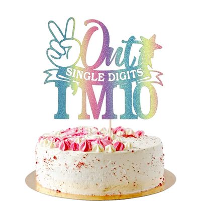 AROKIPPRY Out Single Digits I'm 10 Cake Topper, Glitter Double Digits 10 Cake Decorations, Boys Girls Happy 10th Birthday Decorations Supplies (color)