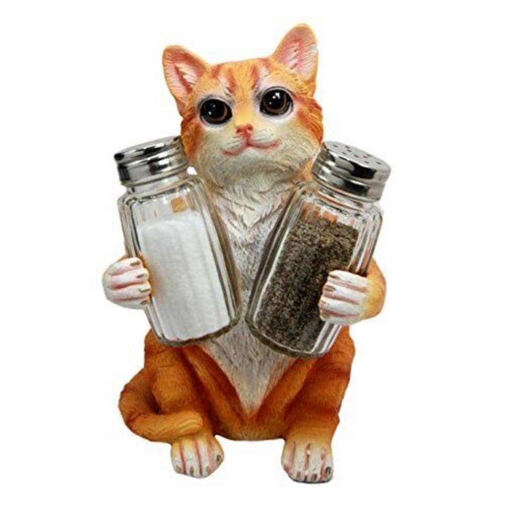 1 Set Of Orange Tabby Cat Hugging Spice Salt Pepper Shakers Holder 8.25"H