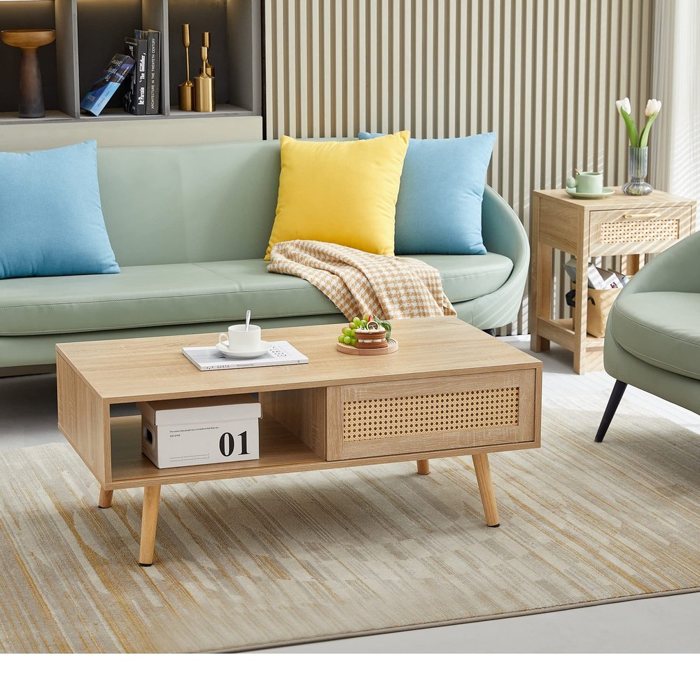 41.34" Rattan Coffee Table, Sliding Door for Storage, Solid Wood Legs, Modern Table for Living Room Natural