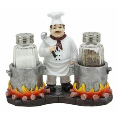 1 Set Of French Chef With Flaming Double Cauldron Pots Salt & Pepper Shakers Holder