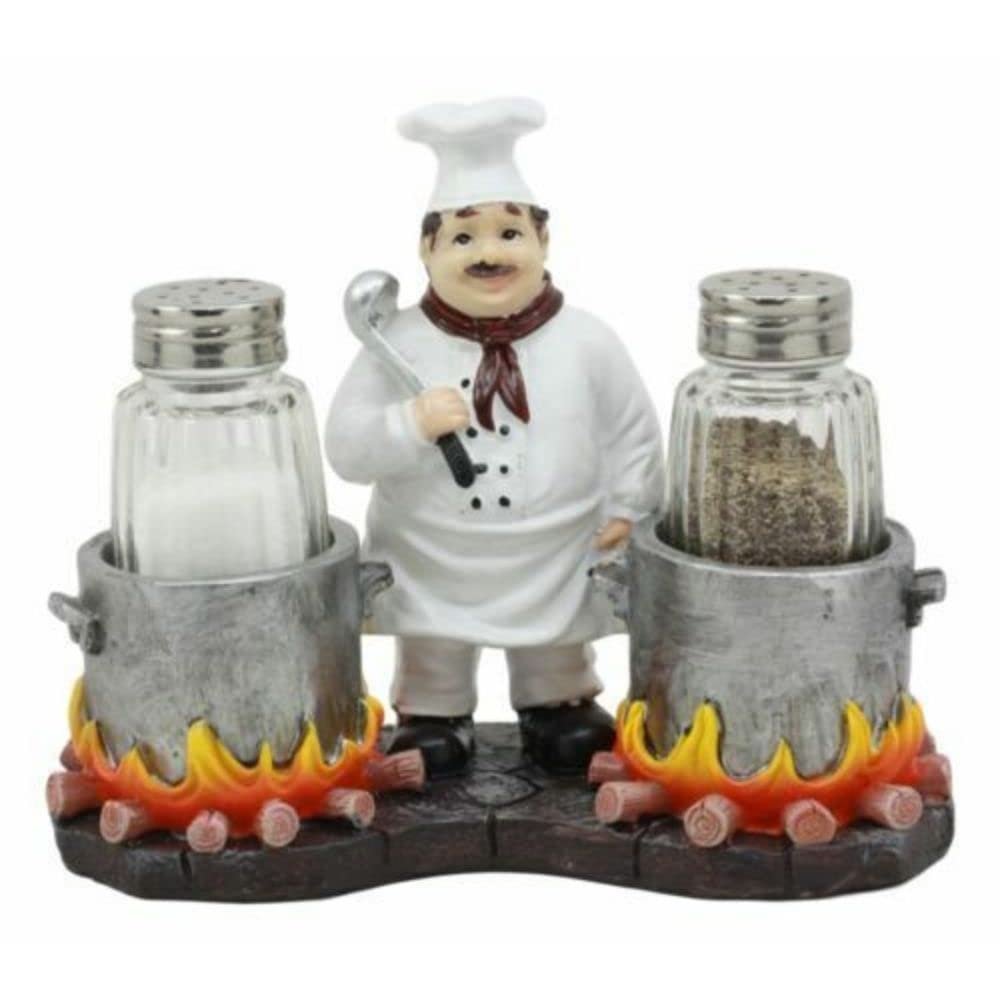 1 Set Of French Chef With Flaming Double Cauldron Pots Salt & Pepper Shakers Holder
