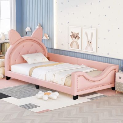 Bellemave Pink Upholstered Twin Bed with Ears Shaped Bottom Tufted Headboard, Low Platform Bed Frame with Rails for Kids Girls Boys Teens, Faux Leather