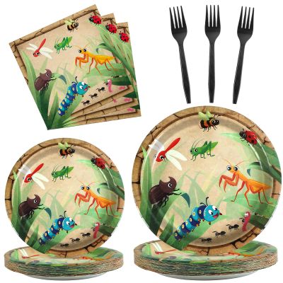 Qyeahkj 100 Pcs Bug Party Plates Napkins Supplies, Spring Summer Ladybugs Bee Reptile Birthday Party Tableware Set Insect Birthday Party Decorations Favors for Boys Girls Serve 25