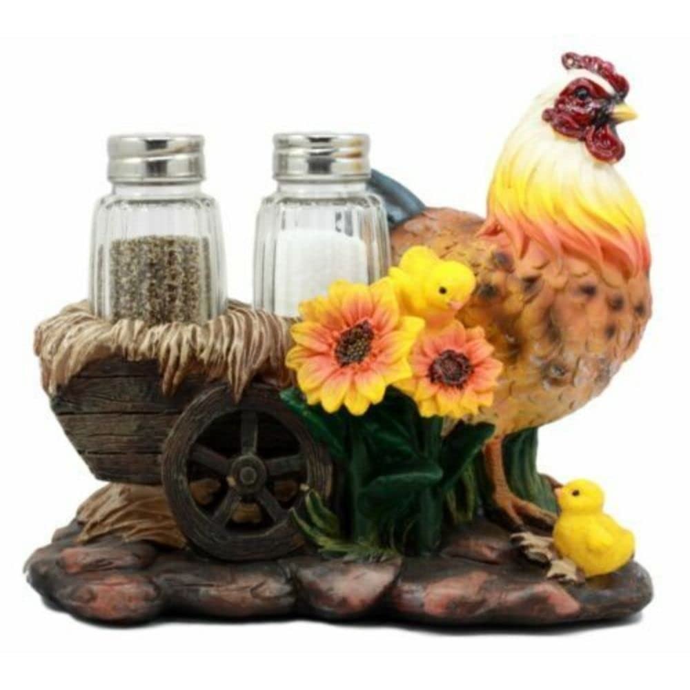 1 Set Of Farm Hay Wagon Sunflower Mother Hen & Chicks Salt Pepper Shakers Holder Figurine