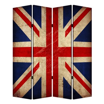 Benjara Alfie 71 Inch Folding Screen Room Divider, Union Jack Printing, 4 Panels, Red, White, Blue