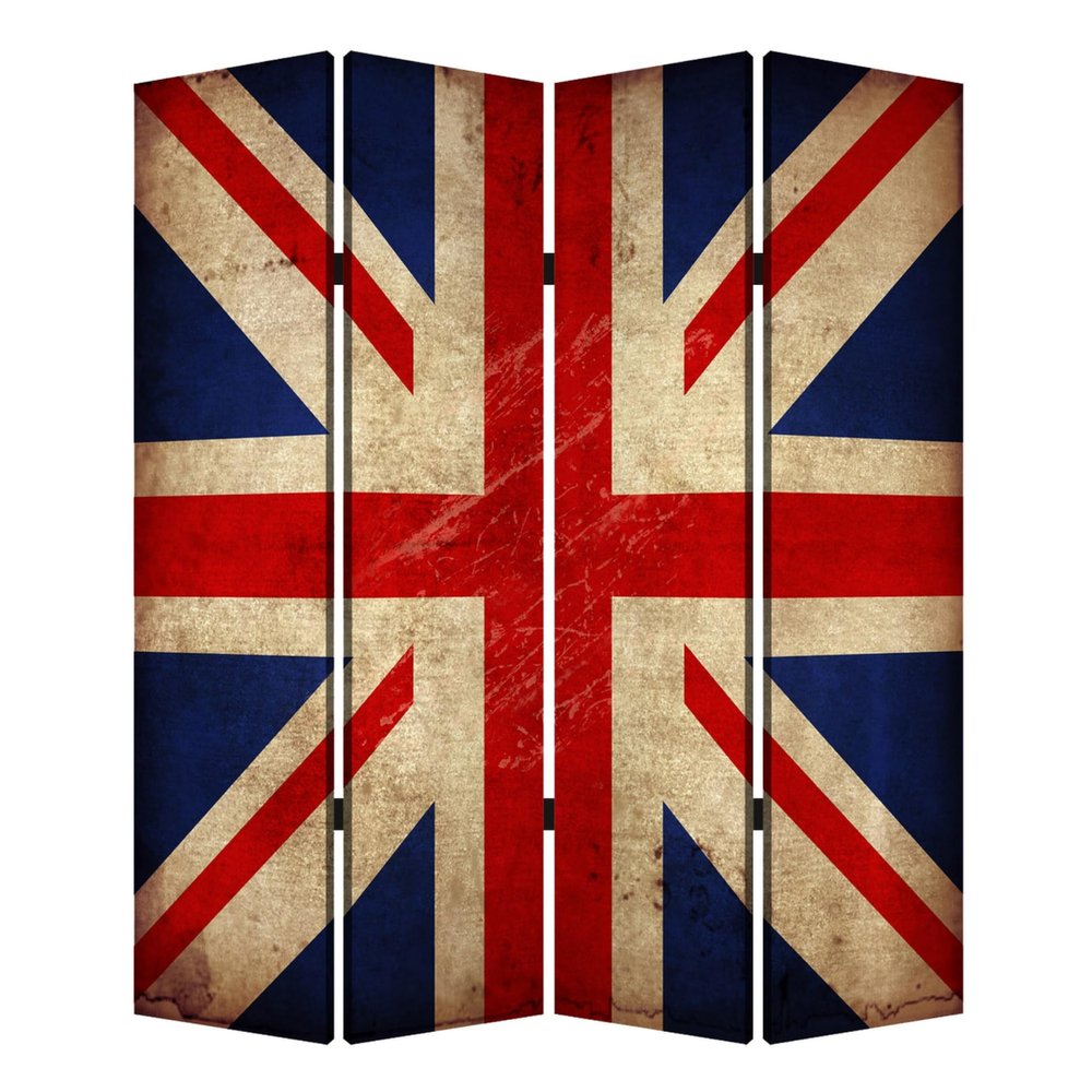Benjara Alfie 71 Inch Folding Screen Room Divider, Union Jack Printing, 4 Panels, Red, White, Blue