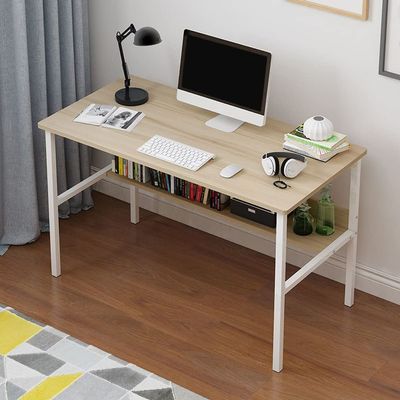 KWOKING Wooden Rectangular Writing Desk Bedroom Office Desk with Metal Legs Computer Desk Desktop Table Economical Student Home Rental Office Writing Desk Wood with Shelf 47.5" L x 16" W x 29" H
