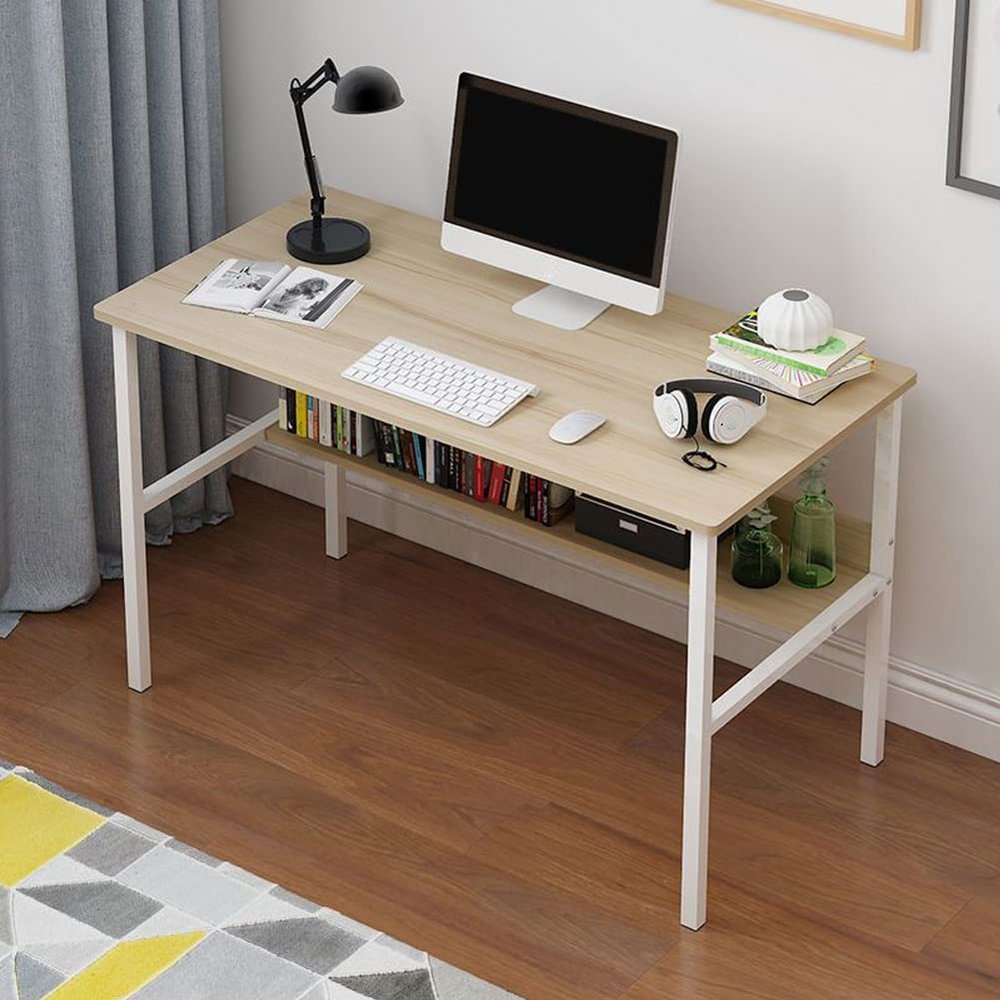 KWOKING Wooden Rectangular Writing Desk Bedroom Office Desk with Metal Legs Computer Desk Desktop Table Economical Student Home Rental Office Writing Desk Wood with Shelf 47.5" L x 16" W x 29" H