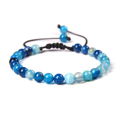 6mm Beads Agates Bracelet Natural Stone Braided Bracelets for Women Men Adjustable Rope Fire Vein Agates Jewelry Gift,Blue Striped Agate,Adjustable