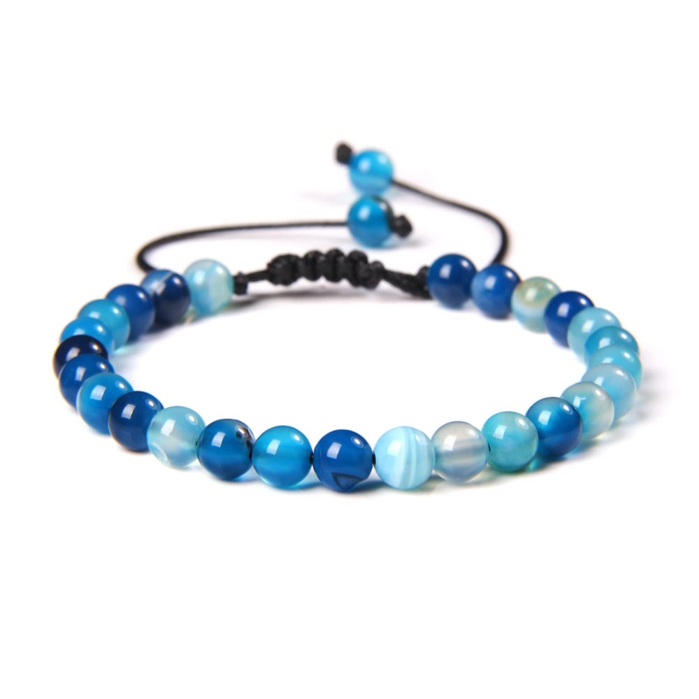 6mm Beads Agates Bracelet Natural Stone Braided Bracelets for Women Men Adjustable Rope Fire Vein Agates Jewelry Gift,Blue Striped Agate,Adjustable