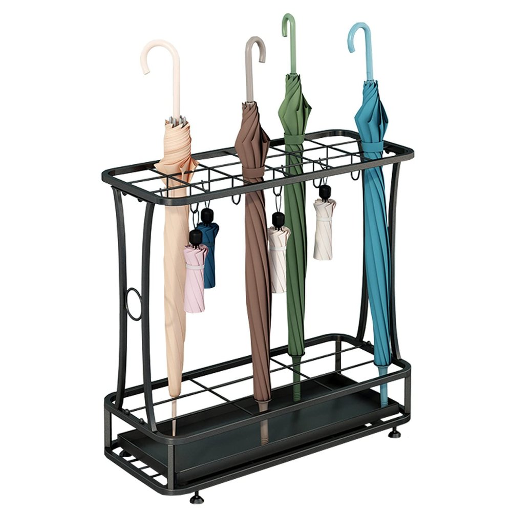 Fodalob Umbrella Racks, Black Metal Rectangular Umbrella Stand Holder with Drip Tray, Hooks for Entryway, Office, for Canes Walking Sticks Folding and Hiking Poles (Size : 18 Holes 10 Hooks)