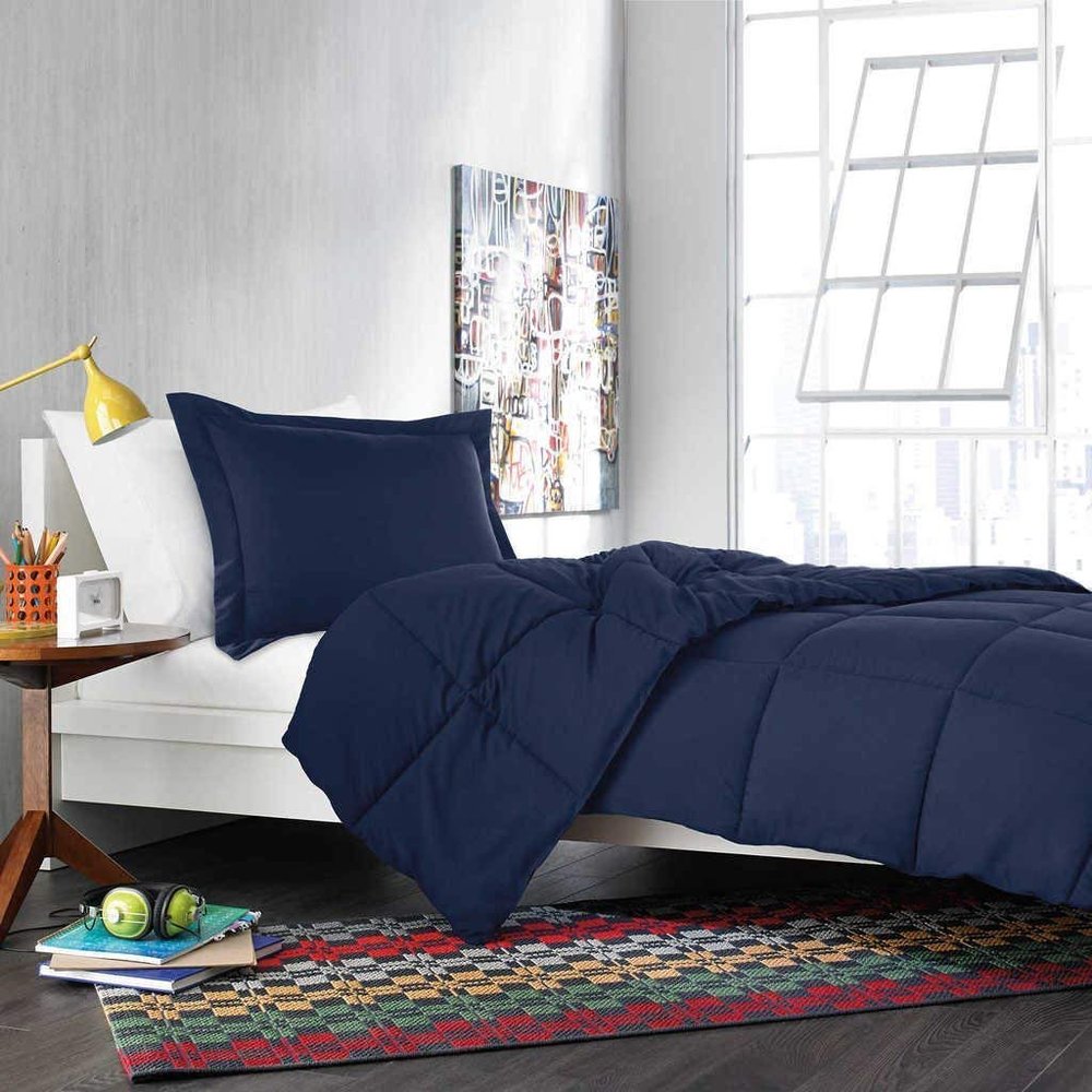 AHJ Beddings Comforter Set 7 Piece Bed in a Bag with 500GSM Comforter and 26 inch Deep Pocket Sheet Set - 600 Thread Counts, 100% Egyptian Cotton - RV/Short Queen Size, Navy Blue Solid