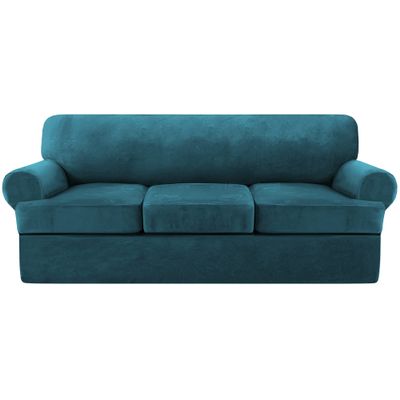 GAMUKAI Velvet T-Cushion Sofa Cover 4-Piece Set Stretchable Sofa Slipcover for 3-Seater Couches, Includes 3 T-Cushion Covers Soft Furniture Protector (Teal, Sofa)