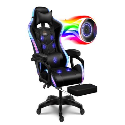 Gaming Chair with LED Lights and Speakers, Music Video Chair for Adults with Massage and Footrest, Ergonomic Chair with Headrest and Lumbar Support, Maximum Load 150KG. (All Black)