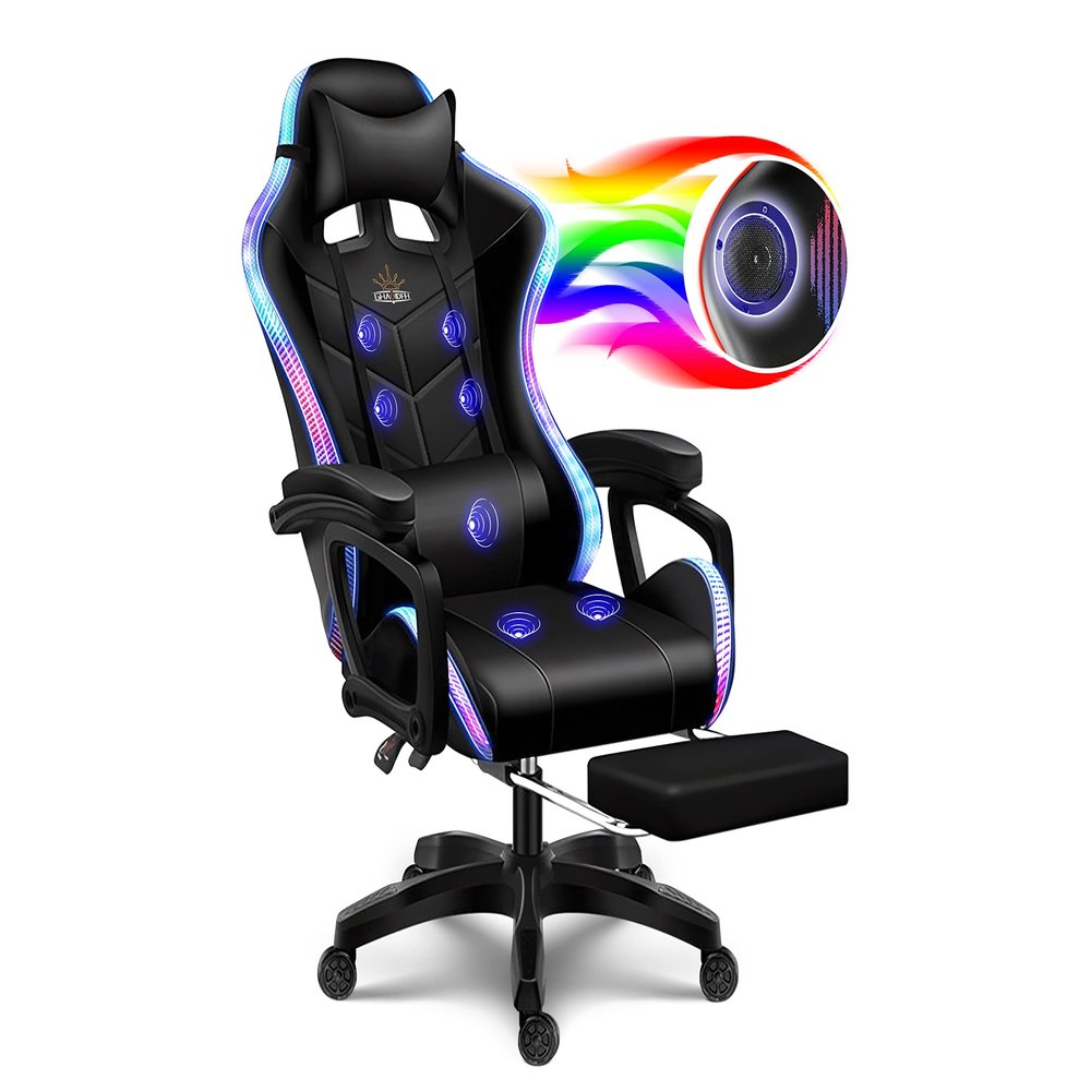 Gaming Chair with LED Lights and Speakers, Music Video Chair for Adults with Massage and Footrest, Ergonomic Chair with Headrest and Lumbar Support, Maximum Load 150KG. (All Black)