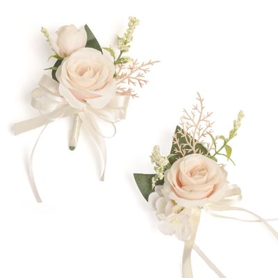 ANNKIN Champagne Corsage and Boutonniere Set, Rose Boutonniere for Men Wedding, Prom Artificial Flower Wrist Corsage Bracelets, Homecoming Corsage Wristlet, Flowers Accessories Prom Suit Decorations