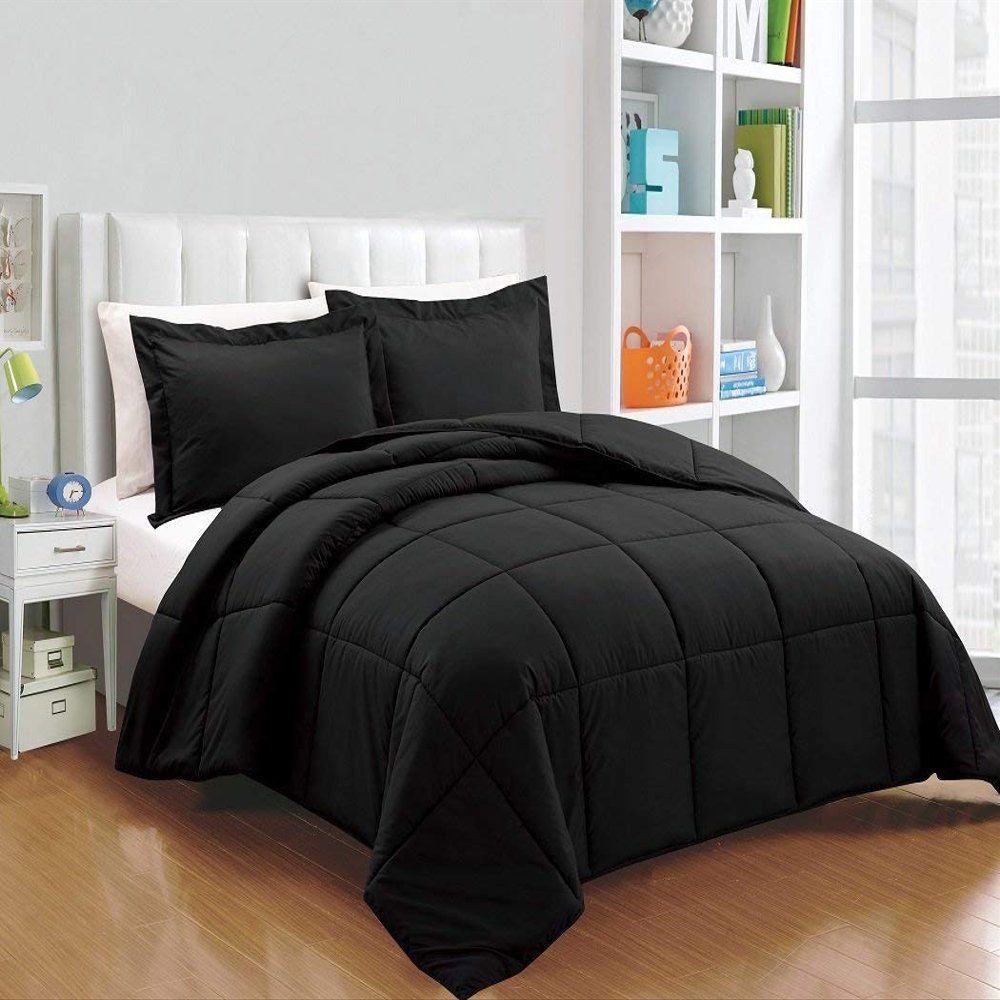 AHJ Beddings Comforter Set 7 Piece Bed in a Bag with 300GSM Comforter and 8 inch Deep Pocket Sheet Set - 600 Thread Counts, 100% Egyptian Cotton - Full Size, Black Solid