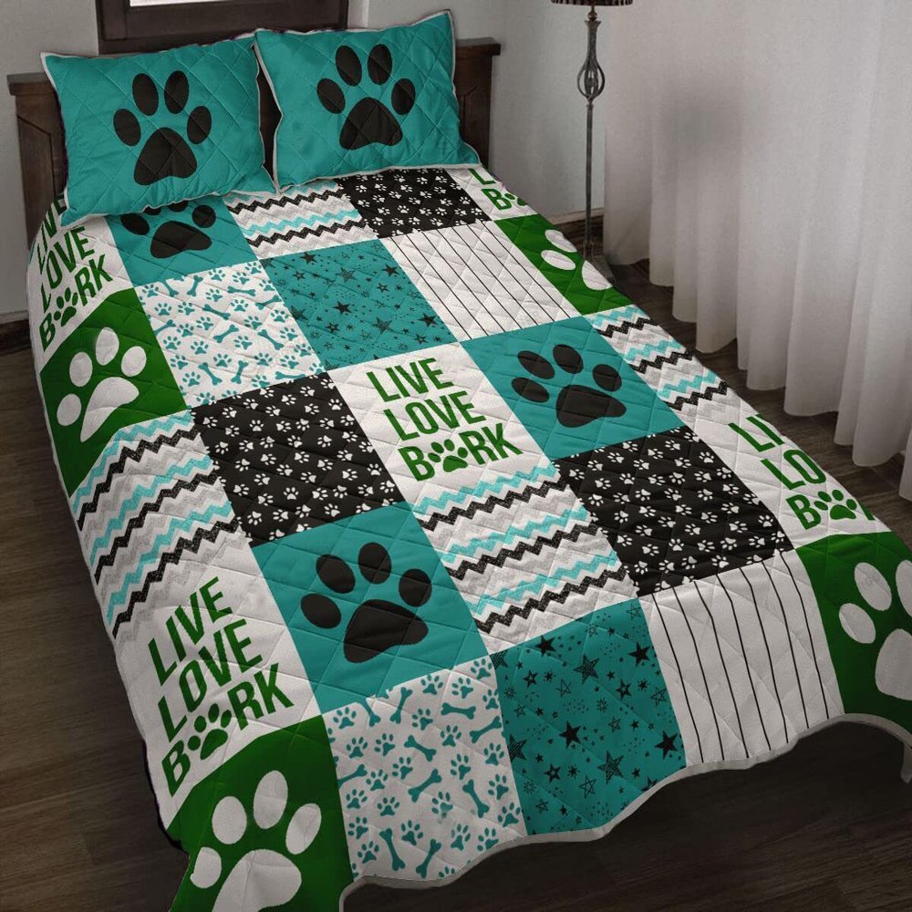 Dog Shape Pattern Beige Quilt - Live Love Bark Quilt Dog Bedding Set Full Queen King (Teal Green)