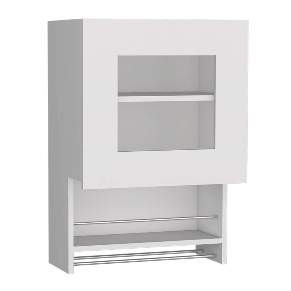 Tuhome Balboa Wall Cabinet with Single Glass Door, Interior Storage Shelf, Open Lower Shelf and Integrated Towel Bar, Space-Saving Mounted Organizer for Kitchen Essentials and Everyday Use