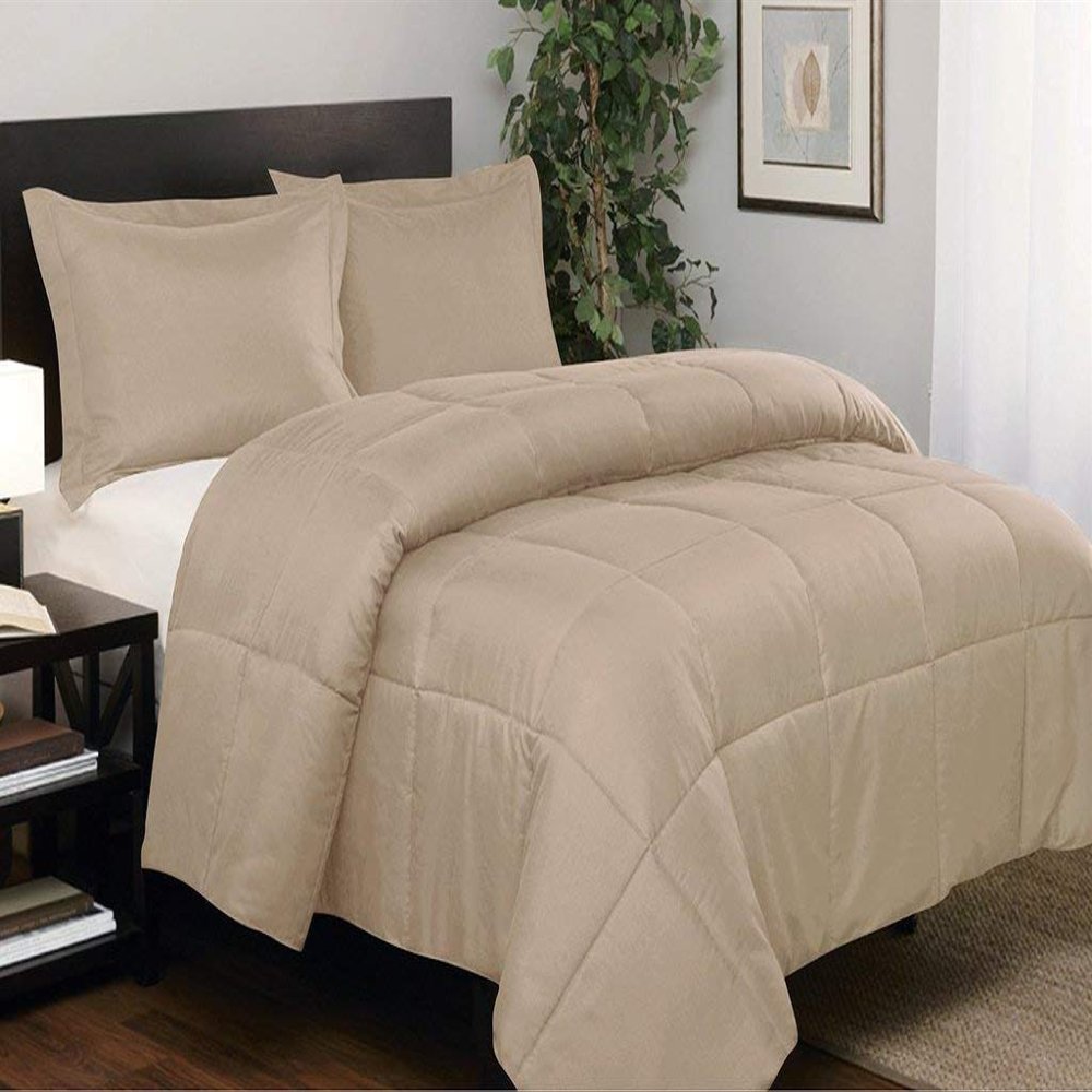 AHJ Beddings Comforter Set 7 Piece Bed in a Bag with 300GSM Comforter and 12 inch Deep Pocket Sheet Set - 600 Thread Counts, 100% Egyptian Cotton - Olympic Queen Size, Beige Solid