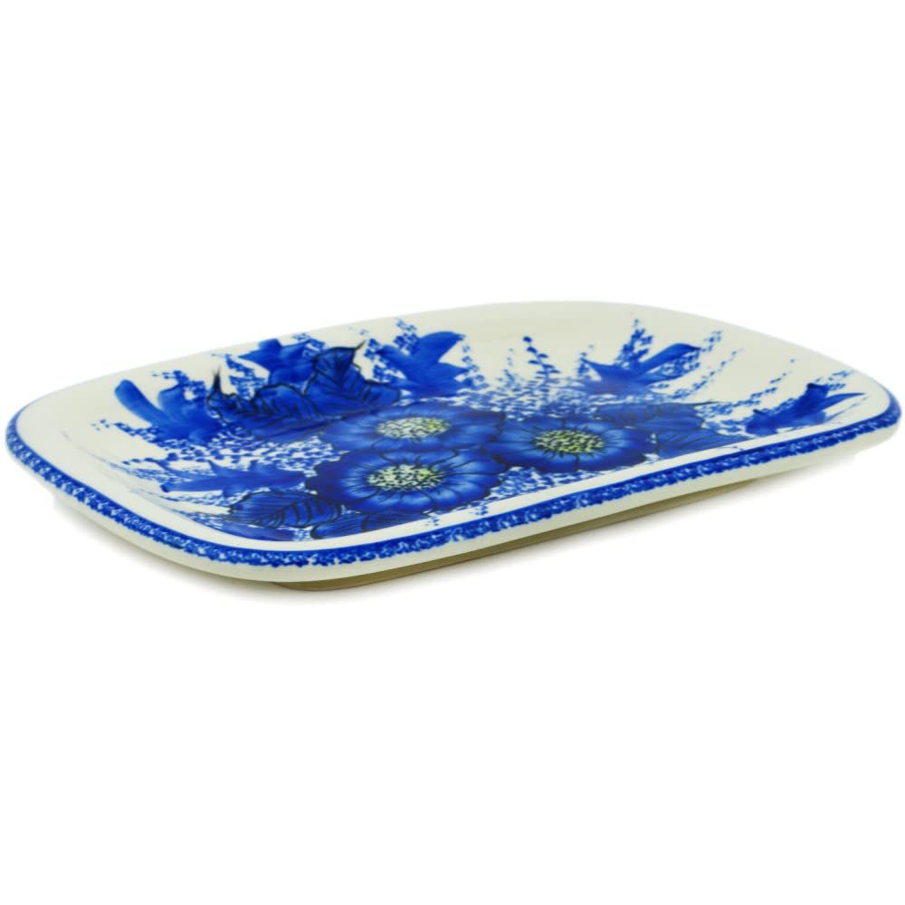 Polmedia Polish Pottery Platter 11-inch UNIKAT - Blue Poppy Dream Pattern Handmade in Boleslawiec Poland by Ceramika Bona + Certificate of Authenticity