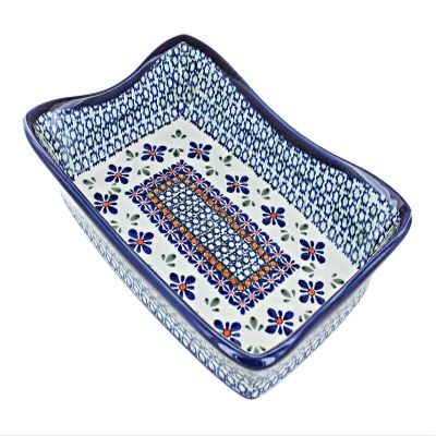 Blue Rose Polish Pottery Mosaic Flower Large Rectangular Tray