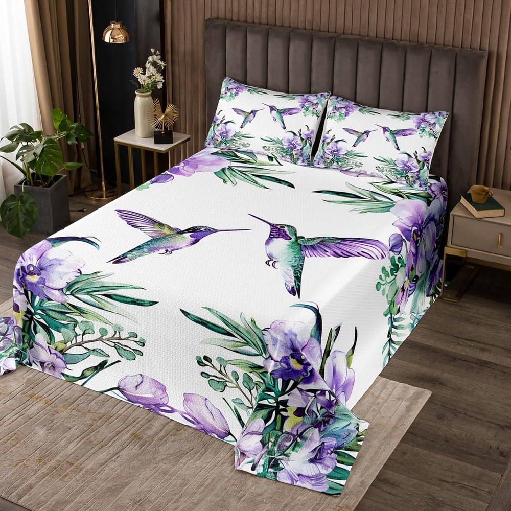 Erosebridal Hummingbird Quilted Purple Flowers Coverlet Set for Boys Girls,Lavender Garden Floral Bird Bedspread Tropical Palm Leaves Quilt Set King,Botanical Jungle Plant Room Decor