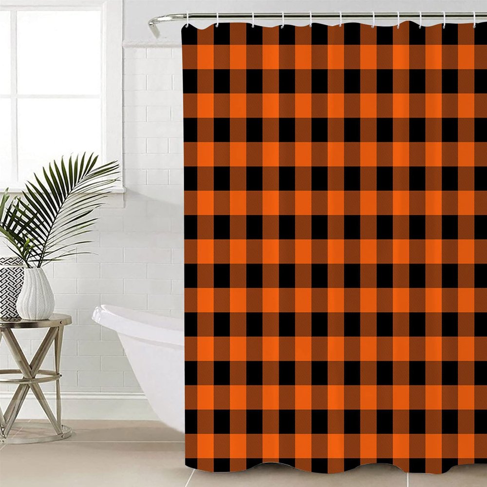 EZON-CH Shower Curtains for Bathroom, Rustic Orange and Black Buffalo Plaid Shower Curtain Set Polyester Waterproof Fabric Bath Curtain with Hooks for Home Hotel Apartment Farmhouse 66x72 inch