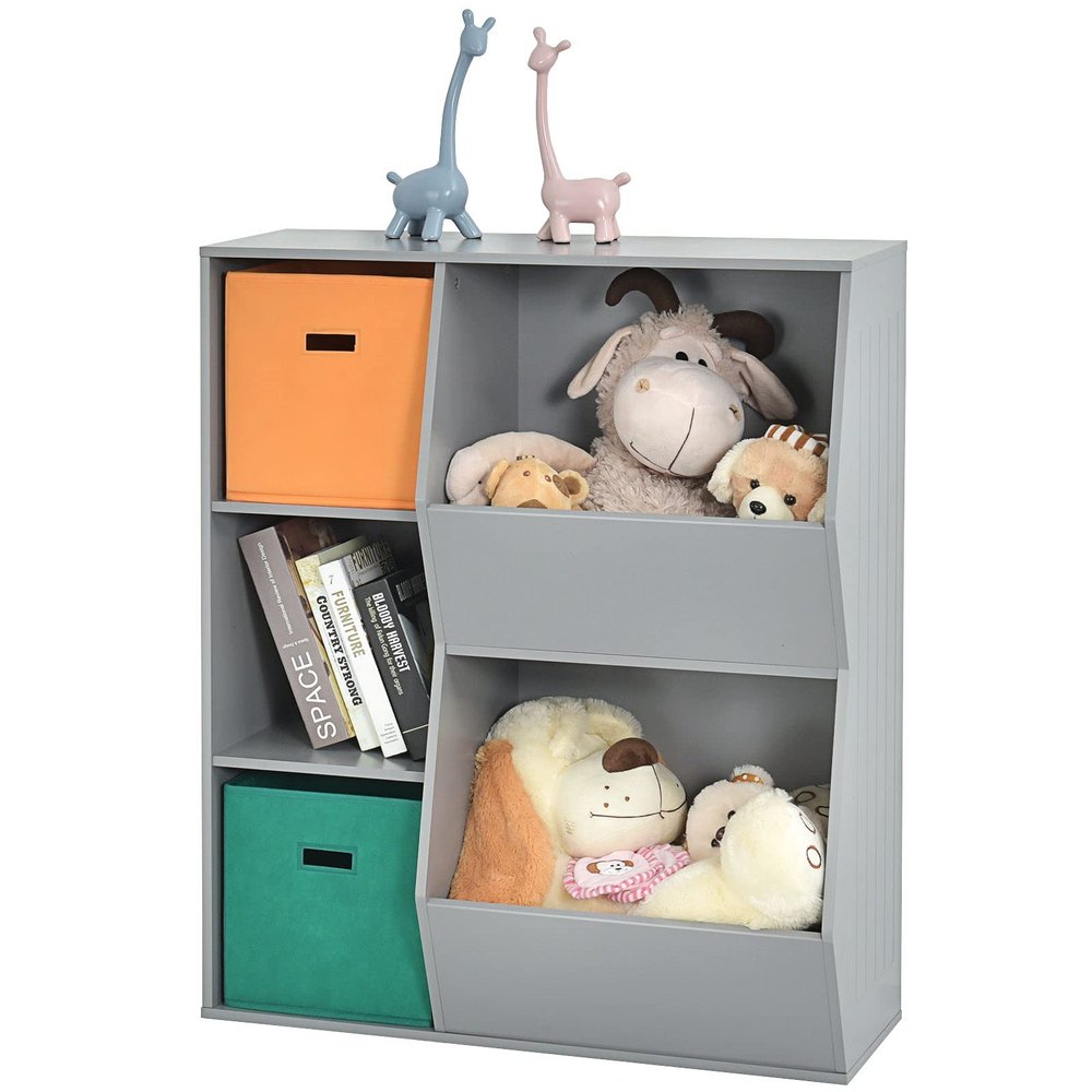GLOBALWAY 5-Cube Kids Toy Storage Cabinet, Freestanding Children Bookcase w/ 2 Foldable Storage Bins, Open Multi-Purpose Storage Display Organizer for Kids Room, Play Room, Hallway, Nursery