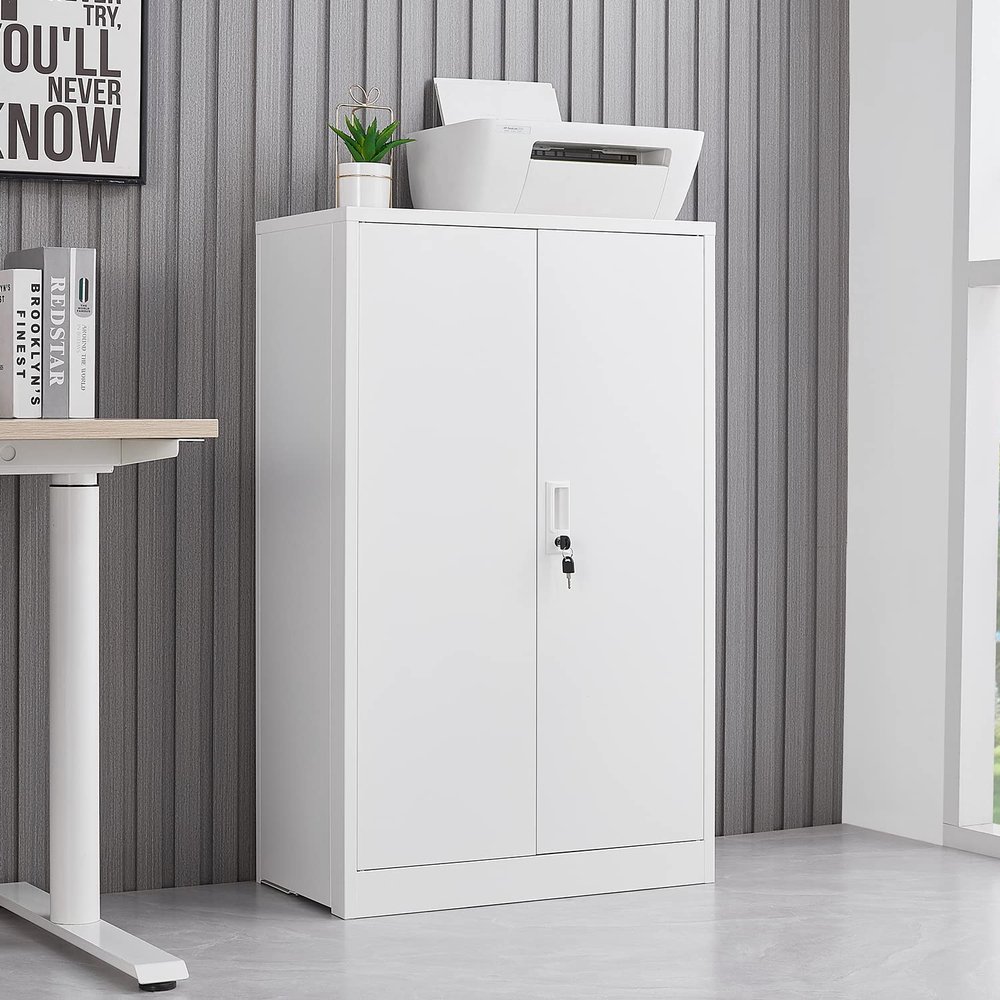 CNANXU Metal 42" Storage Cabinet with Locking, Storage Cabinet with 2 Shelves, Steel Cabinet with 2 Doors and Lock for Home,Office, Garage,Warehouse (White)