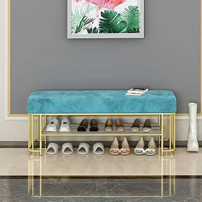 WEEAZ Luxurious Shoe Rack Bench Entryway Bench,Modern Shoe Storage Bench with Golden Shoe Rack,Comfy Velvet Upholstered,Light Blue,60X30X45Cm(24X12X18Inch)