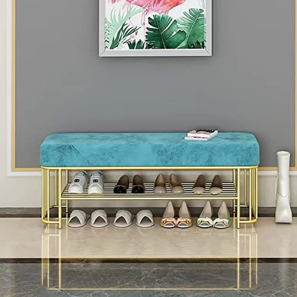 WEEAZ Luxurious Shoe Rack Bench Entryway Bench,Modern Shoe Storage Bench with Golden Shoe Rack,Comfy Velvet Upholstered,Light Blue,60X30X45Cm(24X12X18Inch)