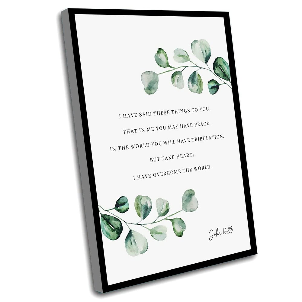 Bible Wall Decor,John 16:33 Bible Verse Print Botanical Scripture Wall Art For Christian Home,Baptism Gift,I Have Overcome The World,Hanging Bedroom Decor,8x12 Inch Framed Wall Art