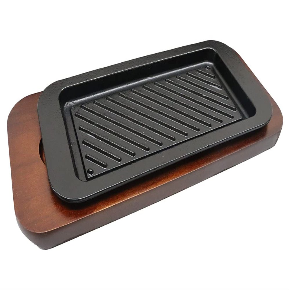 Asahi Steak Plate (With Wooden Base) Iron Casting, Power Plate, Long Square Wave (0.2 - 0.3 inches (6 - 8 mm) Thickness of the Iron Plate (Double the Normal Heat Power of the Iron Plate) Induction Compatible